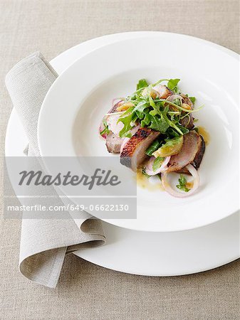 Plate of duck breast with salad