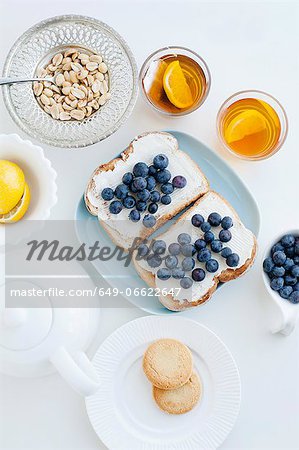 Toast with blueberries, nuts and tea