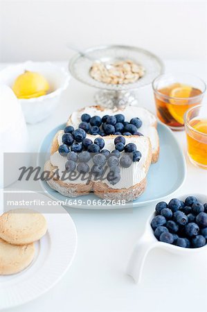 Toast with blueberries, nuts and tea