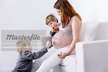 Children drawing on pregnant mother