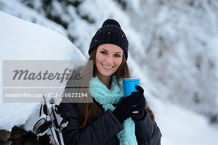 Young woman in snow, Upper Palatinate, Germany, Europe