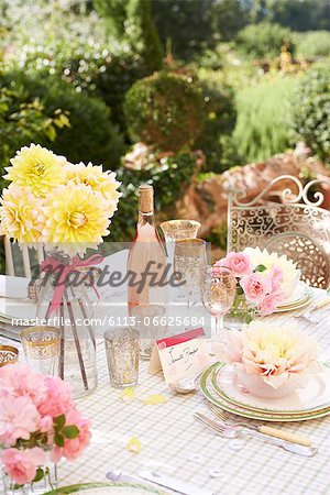 Table set for wedding reception outdoors