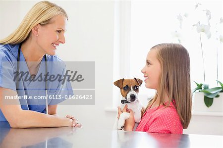 Veterinarian and owner examining dog in vet's surgery