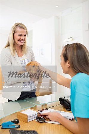 Owner bringing dog to vet's surgery