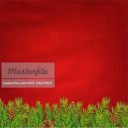 Retro Red Background And Fir Tree With Gradient Mesh, Vector Illustration