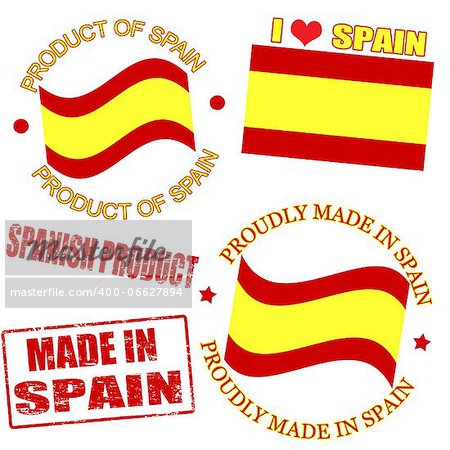Set of stamps and labels with the text made in Spain written inside