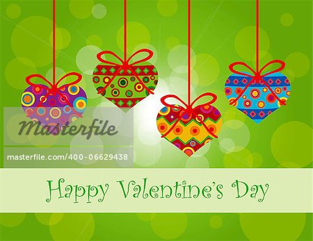 Happy Valentines Day Hanging Heart Shape Christmas Tree Ornaments with Tribal Motif on Bokeh Background Illustration