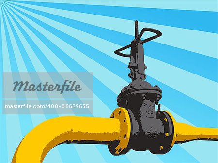 Valve on the gas pipe on the background of blue sky. Vector illustration