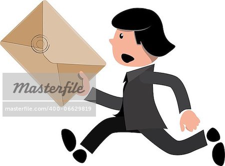 illustration of a man in a black suit with an envelope runs