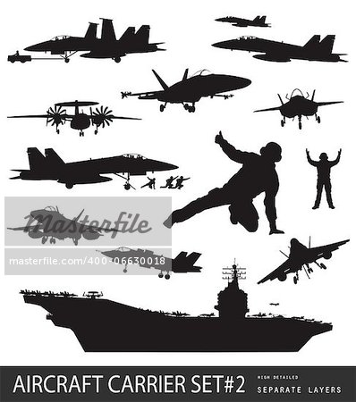 Aircraft carrier and naval aircrafts high detailed silhouettes set#2. Vector