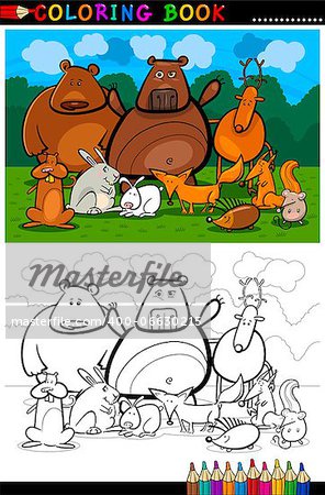 Cartoon Illustration of Funny Forest Wild Animals like Bears, Hedgehog, Deer, Hare and Fox for Coloring Book or Coloring Page