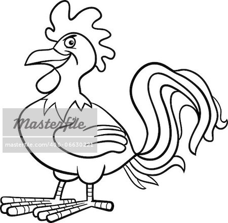 Black and White Cartoon Illustration of Funny Rooster Farm Bird Animal for Coloring Book