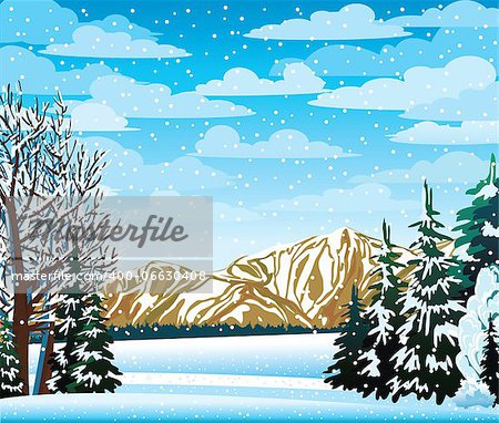 Winter landscape with mountains, frozen trees and snowfall