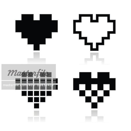 Pixelated hearts with reflections icons set isolated on white