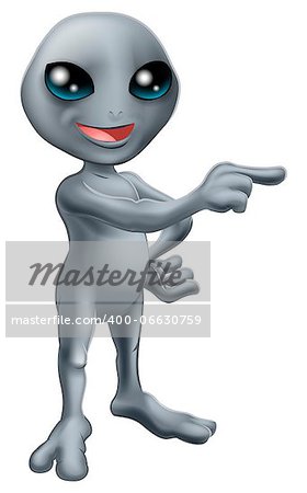 An illustration of a cute grey cartoon alien pointing a finger and showing something