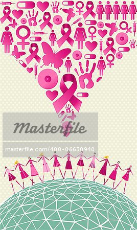 Globe Breast cancer awareness with women teamwork and icon splash background. Vector file layered for easy manipulation and custom coloring.