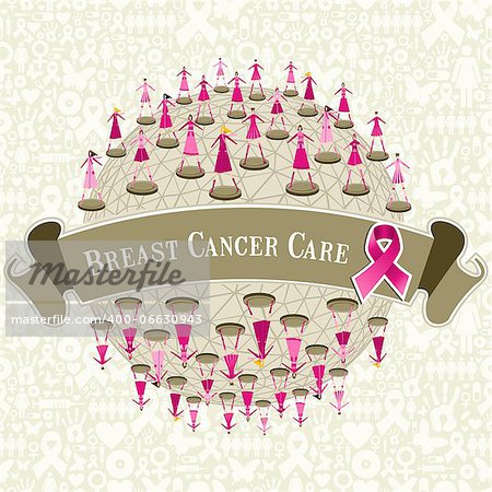 Breast cancer care globe awareness with women teamwork on icon set background. Vector file layered for easy manipulation and custom coloring.