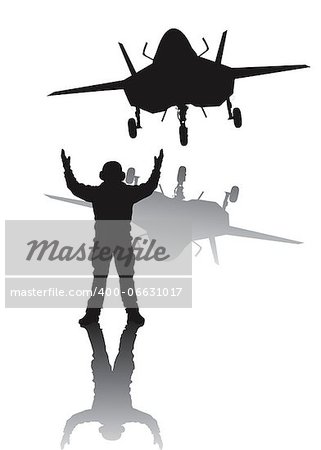 Stealth plane and aircraft carrier crewman. Vector silhouettes with reflection