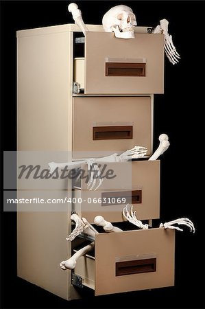Skeletons in a cabinet are partially revealed in this low key image.
