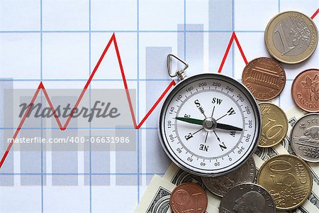 Business concept. Money and compass on paper background with chart