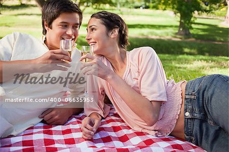 Two friends smiling and raising their glasses in toast while lying on a red and white picnic basket