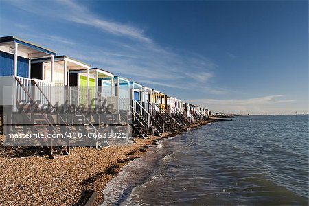 Beach Huts along the sea front at Thorpe Bay, near Southend-on-Sea, Essex, England
