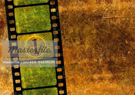 Vintage 35mm film reel, colorful background with grunge textured film frames and a number one in countdown