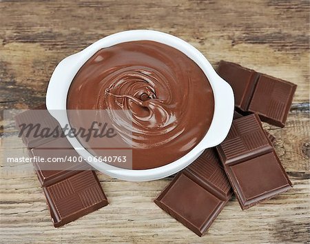 Chocolate cream with chocolate segments on wooden tables