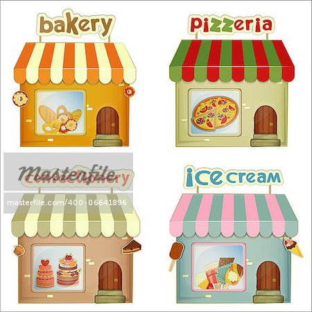 Set of Cartoon Shops. Bakery, Pizzeria, Confectionery, Ice Cream Shop Isolated on White Background. Vector Illustration.