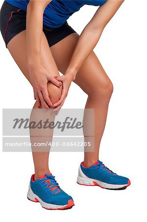 Young woman with pain in her knee, isolated in white