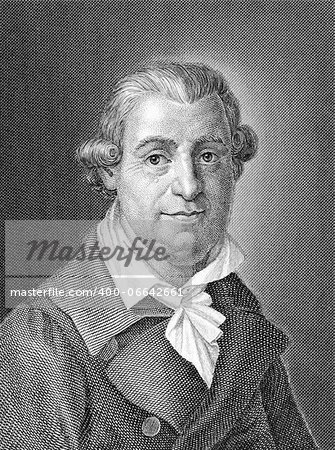 Johann Karl August Musaus (1735-1787) on engraving from 1859. German author. Engraved by unknown artist and published in Meyers Konversations-Lexikon, Germany,1859.