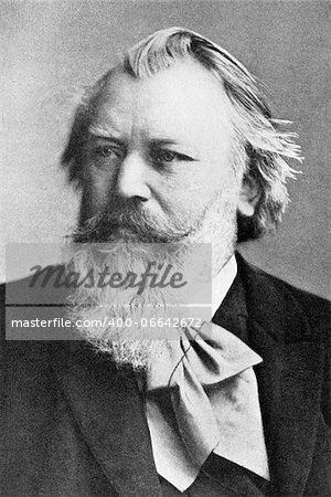 Johannes Brahms (1833-1897) on engraving from 1908. German composer and pianist, one of the leading musicians of the Romantic period. Engraved by unknown artist and published in "The world's best music, famous songs. Volume 8", by The University Society, New York,1908.