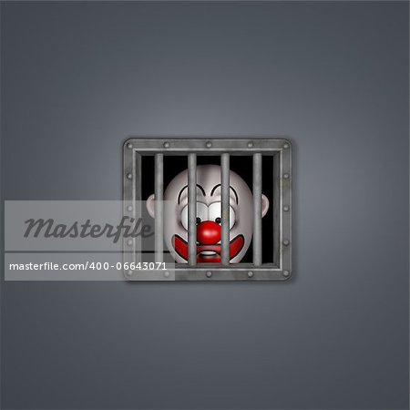 cartoon clown character behind prison window - 3d illustration
