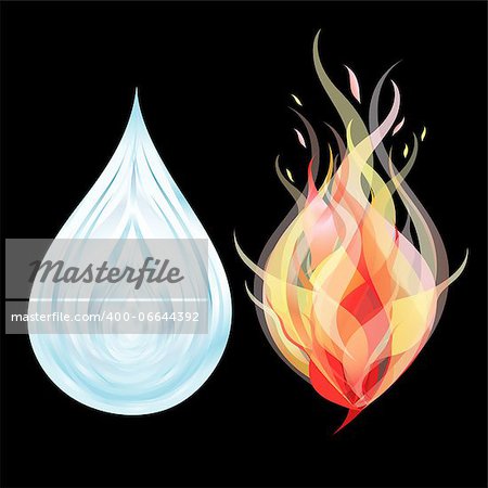 bright drop of water and fire on a black background