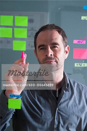 Businessman Looking at Self Adhesive Notes on Glass Board in Studio