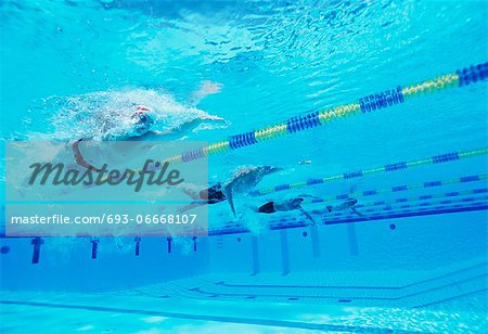 Underwater shot of four male athletes competing in swimming pool