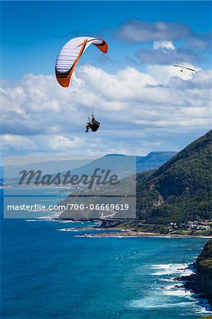 Paragliding looking south towards Wollongong from Bald Hill Lookout, Bald Hill Headland Reserve, Illawarra, Wollongong, New South Wales, Australia