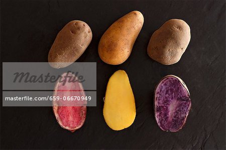 Various different types of potatoes on a slate surface