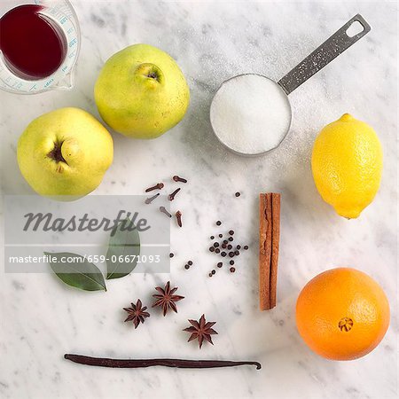 Ingredients for Poaching Quince; Quince, Cinnamon, Orange, Lemon, Sugar, Vanilla, Clove, Star Anise, Bay Leaves, and Red Wine Ingredients for Poaching Quince; Quince, Cinnamon, Orange, Lemon, Sugar, Vanilla, Clove, Star Anise, Bay Leaves, and Red Wine