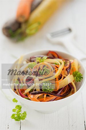 Three colours of carrot ribbons (yellow, orange and red) Three colours of carrot ribbons (yellow, orange and red)