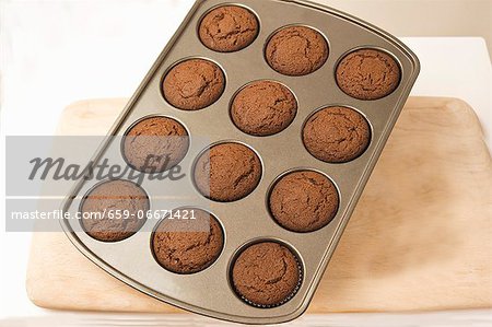 Chocolate muffins in a muffin tray on a chopping board