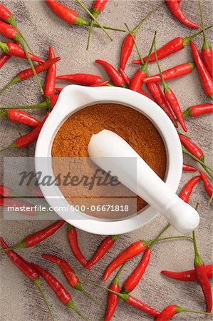 Overhead View of Hot Red Peppers and Ground Peppers in Mortar and Pestle Overhead View of Hot Red Peppers and Ground Peppers in Mortar and Pestle