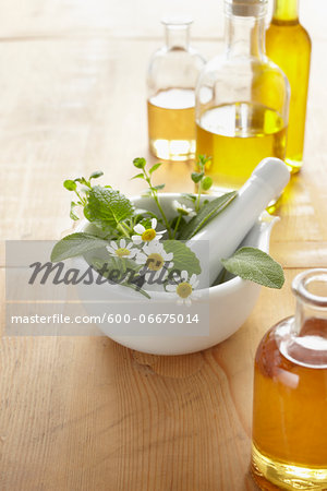 Still life of mortar and pestle with fresh herbs, chamomile and bottles of oil