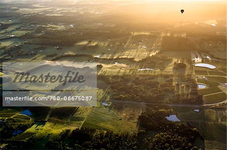 Aerial view of hot air ballooning and wine country near Pokolbin, Hunter Valley, New South Wales, Australia