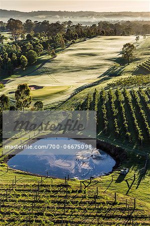 Aerial view of a golf course and vineyards in wine country near Pokolbin, Hunter Valley, New South Wales, Australia