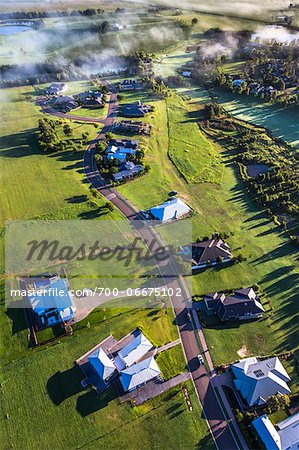 Aerial view of a golf course and housing estate in wine country near Pokolbin, Hunter Valley, New South Wales, Australia