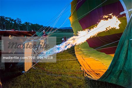 Inflating a hot air balloon near Pokolbin, Hunter Valley, New South Wales, Australia