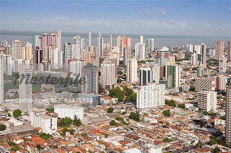 South America, Brazil, Para, Amazon, an aerial shot of the city of Belem in the southern mouth of the Amazon confluence, showing skyscraper apartment blocks and Guajara Bay