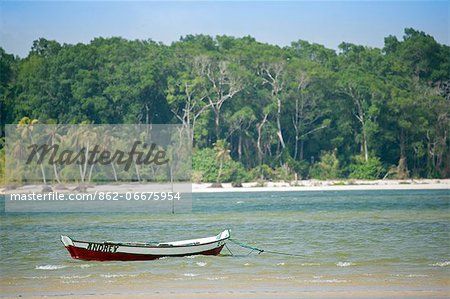 South America, Brazil, Para, Amazon, a wooden canoe moored on a lonely river beach backed by Amazon rainforest near Soure on Marajo island