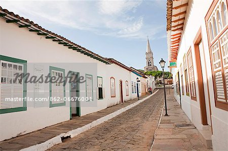 South America, Brazil, Goias, Cidade de Goias, view of Portuguese colonial houses on Rua Candido Tenso, and the exterior of the Casa Cora Coralina museum, in the UNESCO World Heritage city of Old Goias